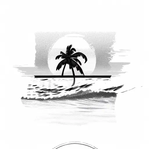 beach with palm tree, waves, sunset tattoo design idea
