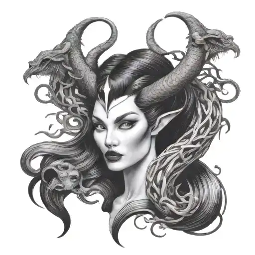 maleficent and medusa combination tattoo design featuring tattoo design idea