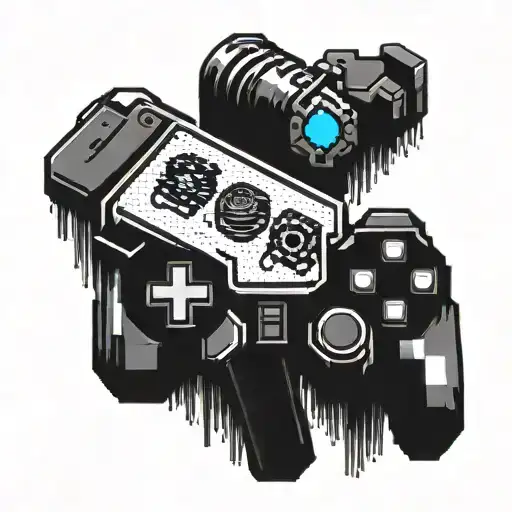 A pixelated police badge merging with a gaming controller tattoo design idea