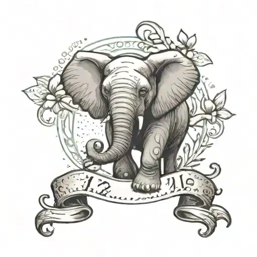 A motherly elephant gently cradling a small bird in its trunk, with a ribbon symbolizing breast cancer awareness woven through their intertwined bodies. A dinosaur silhouette in the background, representing protection and strength. The numbers 11:11 subtly hidden within the design for a touch of mystery. tattoo design idea