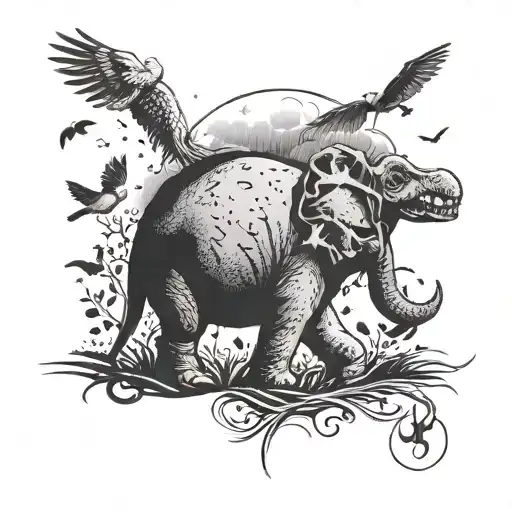 A whimsical tattoo featuring a playful dinosaur chasing a flock of birds across a breast cancer awareness ribbon, with a motherly elephant standing guard in the background. The numbers 11:11 subtly hidden among the elements for a touch of magic and mystery. tattoo design idea