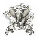 A motherly elephant gently cradling a small bird in its trunk, with a ribbon symbolizing breast cancer awareness woven through their intertwined bodies. A dinosaur silhouette in the background, representing protection and strength. The numbers 11:11 subtly hidden within the design for a touch of mystery. tattoo design idea