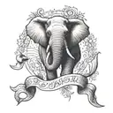 A motherly elephant gently cradling a small bird in its trunk, with a ribbon symbolizing breast cancer awareness woven through their intertwined bodies. A dinosaur silhouette in the background, representing protection and strength. The numbers 11:11 subtly hidden within the design for a touch of mystery. tattoo design idea