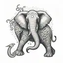 A motherly elephant gently cradling a small bird in its trunk, with a ribbon symbolizing breast cancer awareness woven through their intertwined bodies. A dinosaur silhouette in the background, representing protection and strength. The numbers 11:11 subtly hidden within the design for a touch of mystery. tattoo design idea