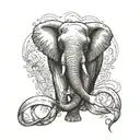 A motherly elephant gently cradling a small bird in its trunk, with a ribbon symbolizing breast cancer awareness woven through their intertwined bodies. A dinosaur silhouette in the background, representing protection and strength. The numbers 11:11 subtly hidden within the design for a touch of mystery. tattoo design idea
