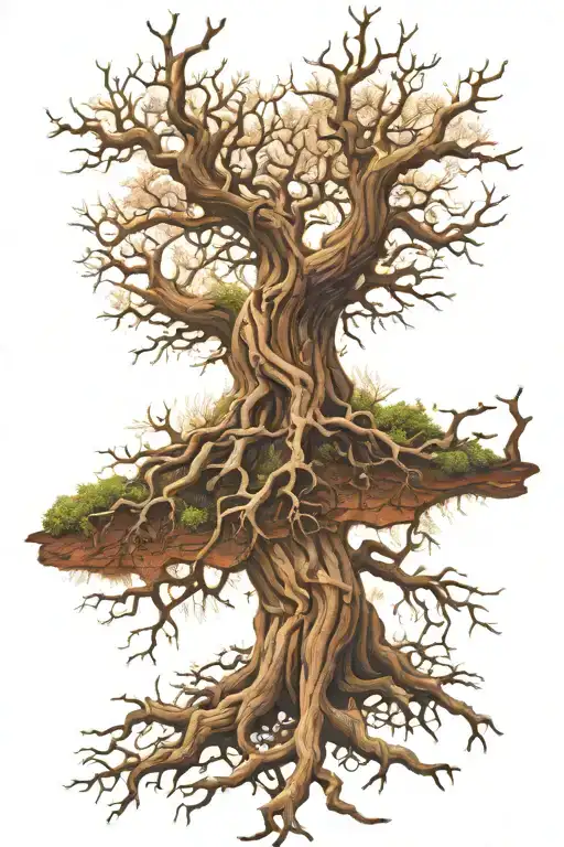 mess of twisted tree roots and branches coming from a bare oak tree with a triskele in the centre  tattoo design idea