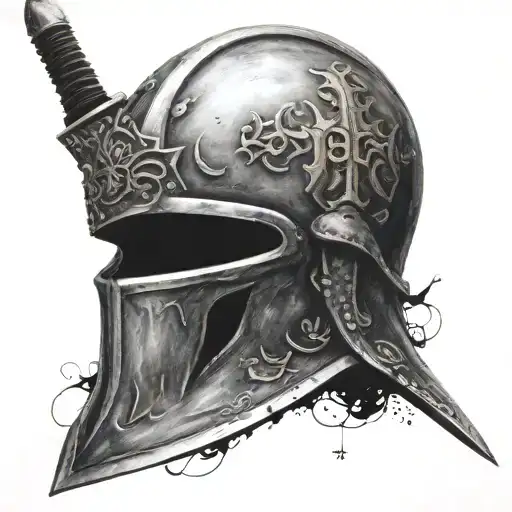 Small tattoo of a crusading warrior's helmet with a sword embedded in the helmet written in the number r tattoo design idea