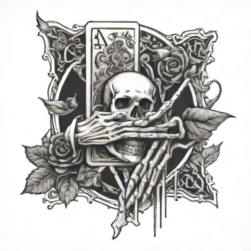 skeleton hand holding lovers tarot card & the lovers are both men black & white with a little bit of red  tattoo design idea