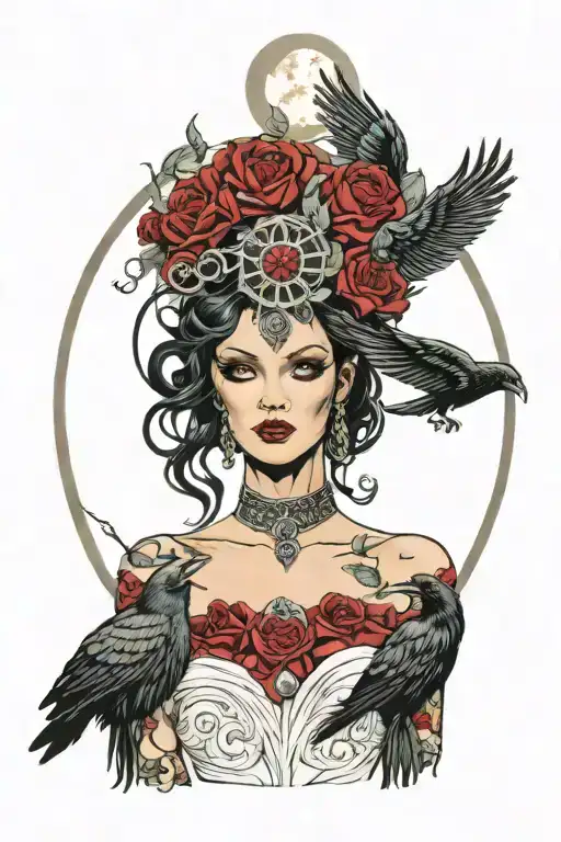 neo-traditional tattoo  , Goddess Hel , Ravens , Moon tattoo design idea
