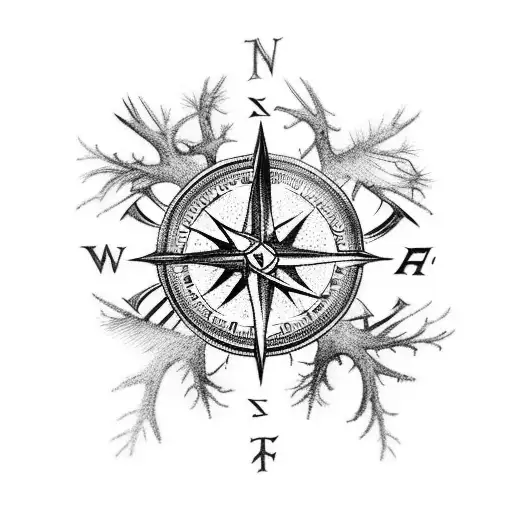 intricate half sleeve with trees, antlers, arrows and a quiver, a compass, and family and faith representation  tattoo design idea