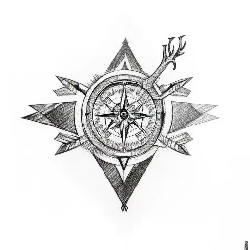 intricate half sleeve with trees, antlers, arrows and a quiver, a compass, and family and faith representation  tattoo design idea