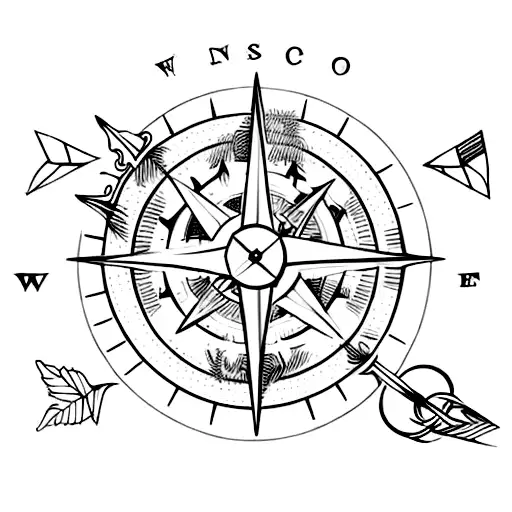 intricate half sleeve with trees, antlers, arrows and a quiver, a compass, and family and faith representation  tattoo design idea