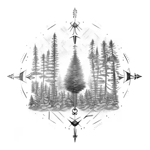intricate half sleeve that incorporates pine trees, arrows and a quiver, a compass, and family and faith representation  tattoo design idea
