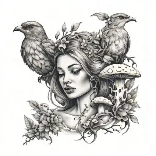 mother nature with mushrooms birds tattoo design idea