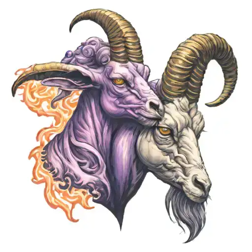 Capricorn goat kissing a cancer in a Purple Heart with fire going around it, some purple fire tattoo design idea