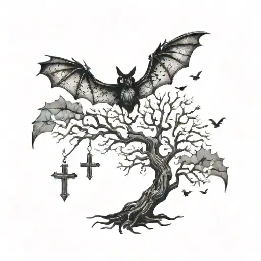 night sky with bats, crosses and a leafless tree  tattoo design idea