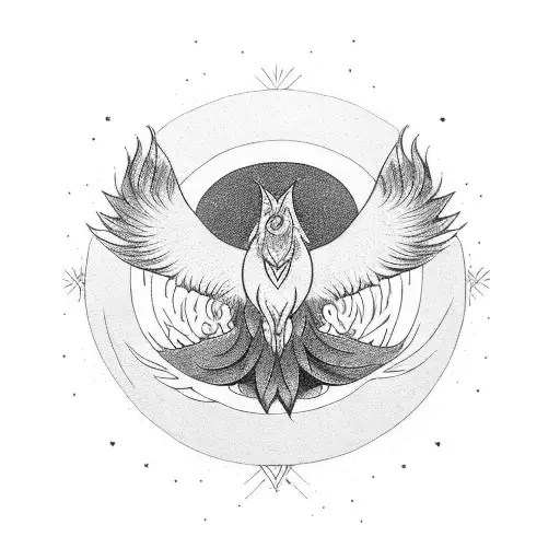 A wolf and a phoenix facing each other, forming a perfect circle tattoo design idea