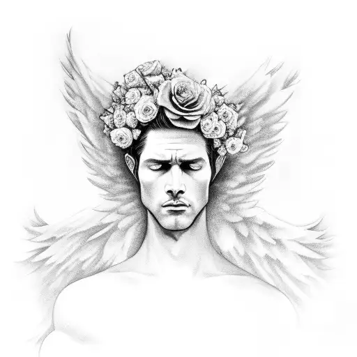 angel man looking down in a realistic sky behind flowers above your head tattoo design idea
