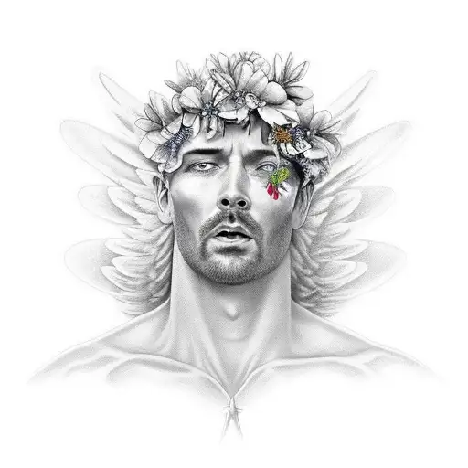 angel man looking down in a realistic sky behind flowers above your head tattoo design idea