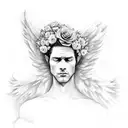 angel man looking down in a realistic sky behind flowers above your head tattoo design idea