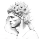 angel man looking down in a realistic sky behind flowers above your head tattoo design idea