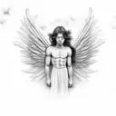 angel man looking down in a realistic sky behind flowers above your head tattoo design idea