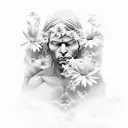 angel man looking down in a realistic sky behind flowers above your head tattoo design idea