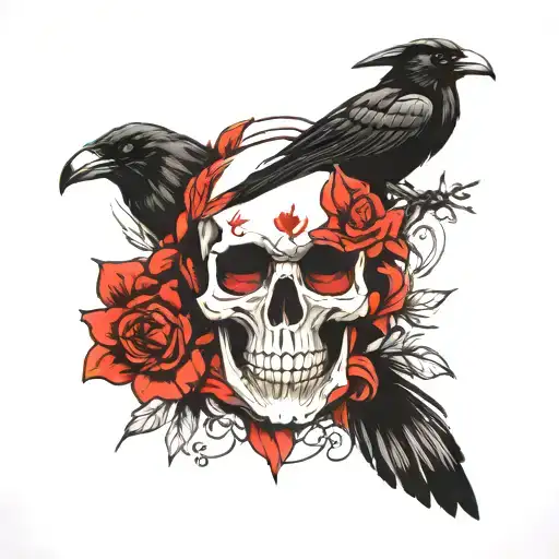 Skull, Crow, flowers Black and red  tattoo design idea