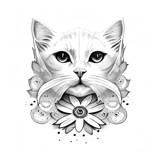 white cat with daisy flower tattoo design idea