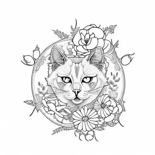 white cat with flowers tattoo design idea