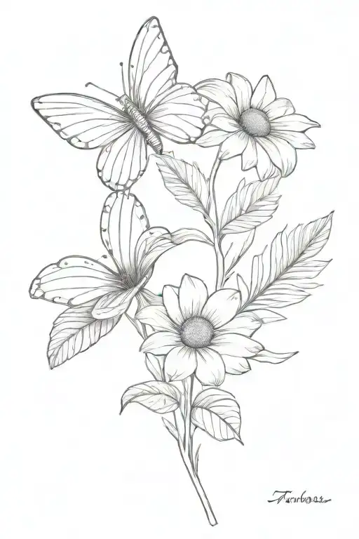 daisy flower with 1 angel wing on the left of stalk and one butterflywing on the right of stalk tattoo design idea