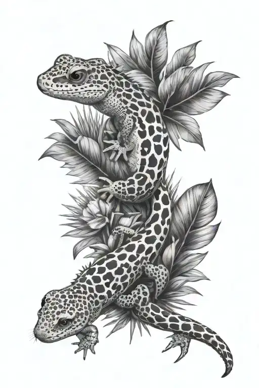 tropical flora with leopard gecko tattoo design idea