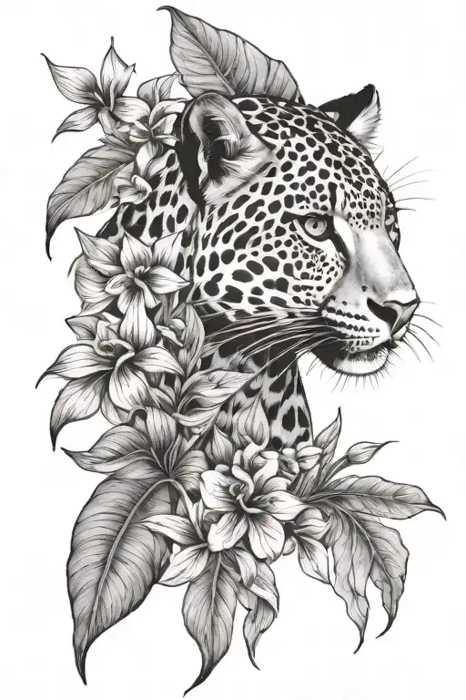 tropical flora with leopard  tattoo design idea