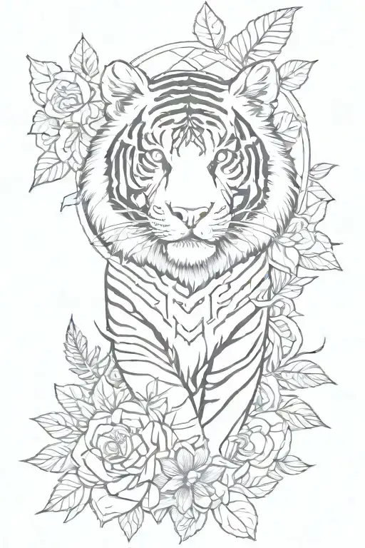 Create me a leg sleeve that has a tiger, eye of ra, a cross, murakimi flower, money bag and leaves on it tattoo design idea