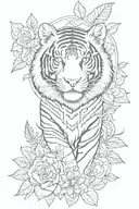 Create me a leg sleeve that has a tiger, eye of ra, a cross, murakimi flower, money bag and leaves on it tattoo design idea