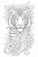 Create me a leg sleeve that has a tiger, eye of ra, a cross, murakimi flower, money bag and leaves on it tattoo design idea