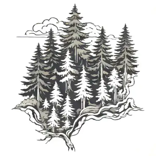 Forest, around the arm to the elbow, dense coloring, many trees, fir trees tattoo design idea