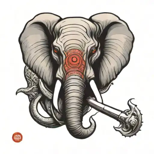 elephant head with mamonth tusk ,fully armed  angry red eyes  tattoo design idea