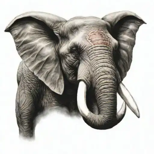 war elephant head tattoo with mamonth  like big tusks ,fully armored  angry red eyes  tattoo design idea