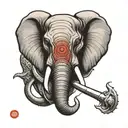 elephant head with mamonth tusk ,fully armed  angry red eyes  tattoo design idea