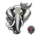 elephant head with mamonth tusk ,fully armed  angry red eyes  tattoo design idea