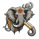 elephant head with mamonth tusk ,fully armed  angry red eyes  tattoo design idea
