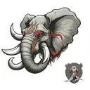 elephant head with mamonth tusk ,fully armed  angry red eyes  tattoo design idea