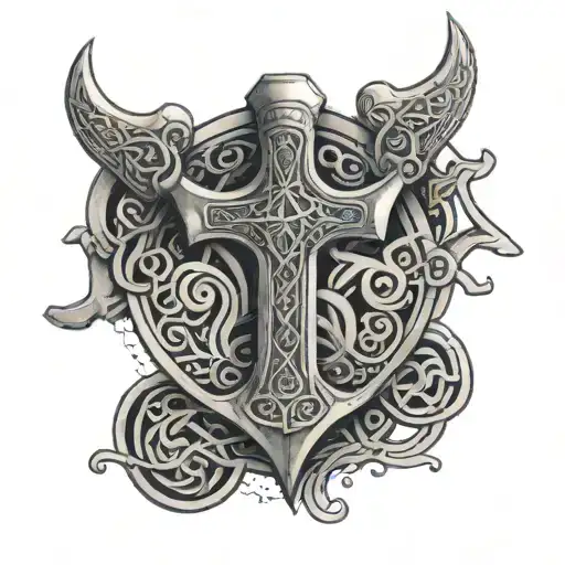 A bold tattoo design showcasing the powerful symbol of Mjolnir surrounded by Celtic spirals and patterns, reflecting the client's interest in Norse and Celtic symbolism tattoo design idea