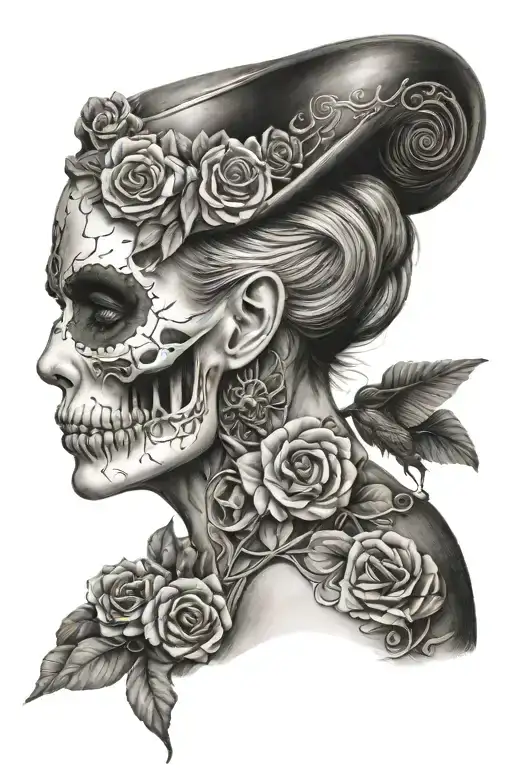 Skull and woman face morphing tattoo design idea