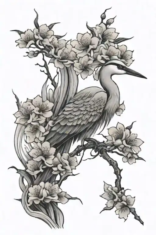Cherry blossom with heron standing tall amidst tattoo design idea