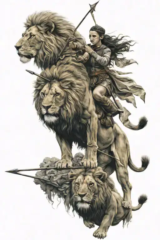 woman with bow and arrows riding on lion back sitting tattoo design idea