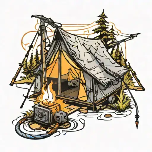 A neotraditional tattoo of a camping tent surrounded by electrical wires and bolts tattoo design idea