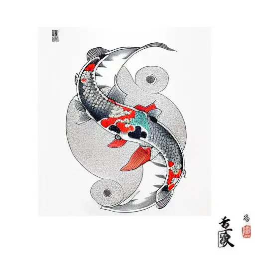 Line spine tattoo with yin and Yang long tail koi with cherry blossom only colour In blossom tattoo design idea