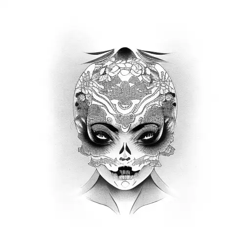 girl with skull japenese tattoo design idea